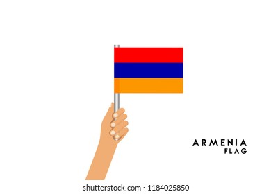 Vector cartoon illustration of human hands hold Armenian flag. Isolated object on white background.