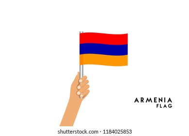 Vector cartoon illustration of human hands hold Armenian flag. Isolated object on white background.