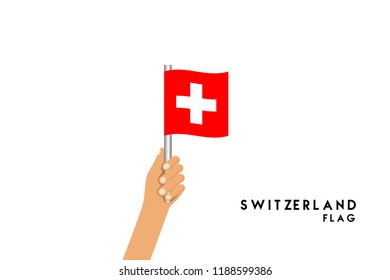 Vector cartoon illustration of human hands hold Switzerland flag. Isolated object on white background.