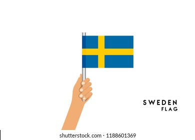 Vector cartoon illustration of human hands hold Sweden flag. Isolated object on white background.
