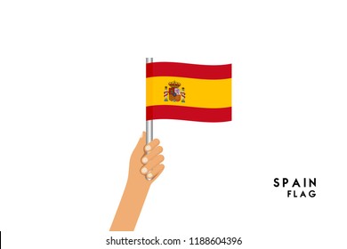 Vector cartoon illustration of human hands hold Spain flag. Isolated object on white background.