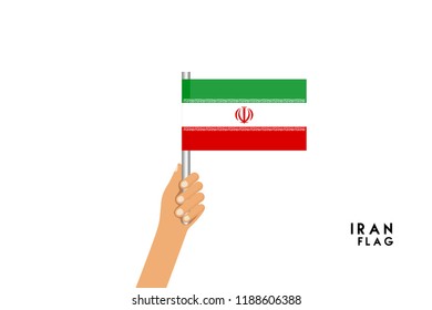Vector cartoon illustration of human hands hold iran flag. Isolated object on white background.
