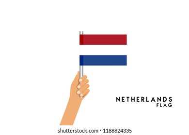 Vector cartoon illustration of human hands hold Netherlands flag. Isolated object on white background.