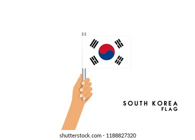 Vector cartoon illustration of human hands hold South Korea flag. Isolated object on white background.