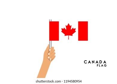 Vector cartoon illustration of human hands hold Canada flag. Isolated object on white background.
