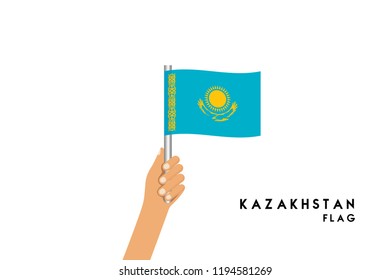 Vector cartoon illustration of human hands hold Kazakhstan flag. Isolated object on white background.