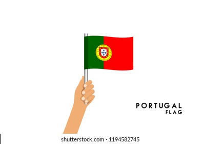 Vector cartoon illustration of human hands hold Portugal flag. Isolated object on white background.