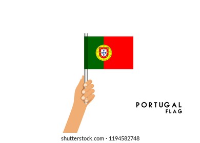 Vector cartoon illustration of human hands hold Portugal flag. Isolated object on white background.