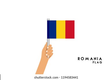 Vector cartoon illustration of human hands hold Romania flag. Isolated object on white background.