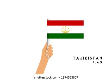 Vector cartoon illustration of human hands hold Tajikistan flag. Isolated object on white background.