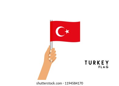 Vector cartoon illustration of human hands hold Turkey flag. Isolated object on white background.