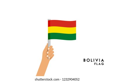 Vector cartoon illustration of human hands hold Bolivia flag. Isolated object on white background.
