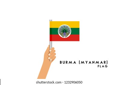Vector cartoon illustration of human hands hold Burma (Myanmar) flag. Isolated object on white background.
