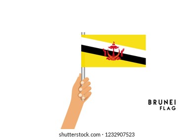 Vector cartoon illustration of human hands hold Brunei flag. Isolated object on white background.