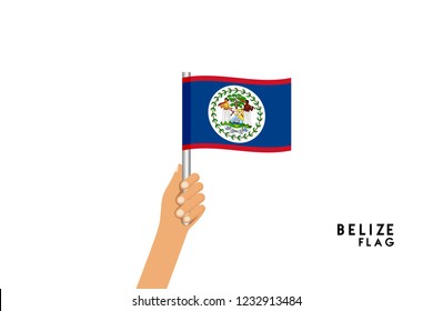 Vector cartoon illustration of human hands hold Belize flag. Isolated object on white background.