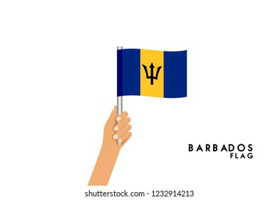 Vector cartoon illustration of human hands hold Barbados flag. Isolated object on white background.