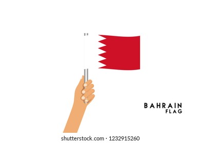 Vector cartoon illustration of human hands hold Bahrain flag. Isolated object on white background.