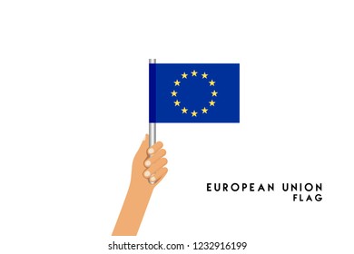 Vector cartoon illustration of human hands hold European Union flag. Isolated object on white background.