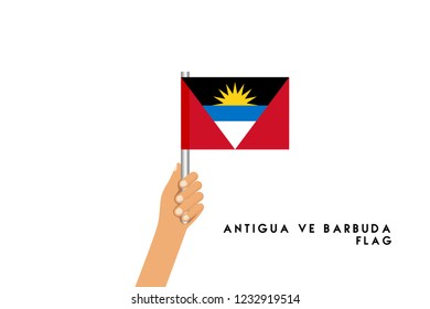 Vector cartoon illustration of human hands hold Antigua and Barbuda flag. Isolated object on white background.