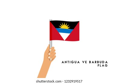 Vector cartoon illustration of human hands hold Antigua and Barbuda flag. Isolated object on white background.