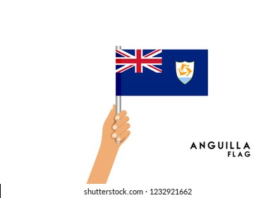 Vector cartoon illustration of human hands hold Anguilla flag. Isolated object on white background.