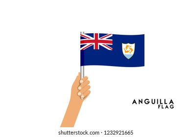 Vector cartoon illustration of human hands hold Anguilla flag. Isolated object on white background.