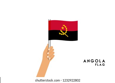 Vector cartoon illustration of human hands hold Angola flag. Isolated object on white background.