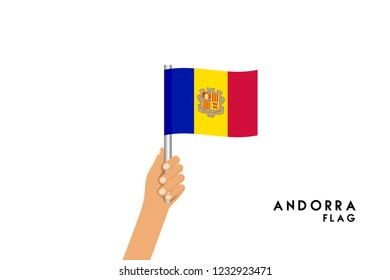 Vector cartoon illustration of human hands hold Andorra flag. Isolated object on white background.