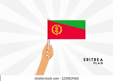 Vector cartoon illustration of human hands hold Eritrea flag. Isolated object on white background.