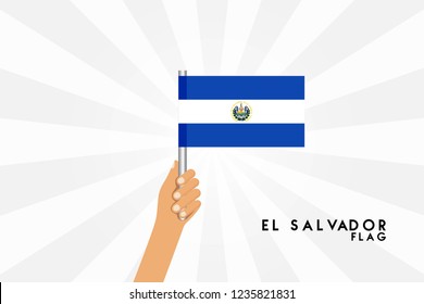 Vector cartoon illustration of human hands hold El Salvador flag. Isolated object on white background.