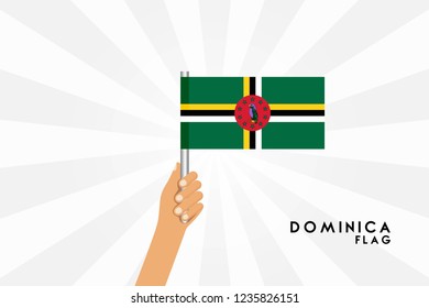 Vector cartoon illustration of human hands hold Dominica flag. Isolated object on white background.