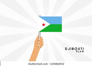 Vector cartoon illustration of human hands hold Djıbouti flag. Isolated object on white background.