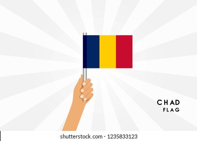 Vector cartoon illustration of human hands hold Chad flag. Isolated object on white background.