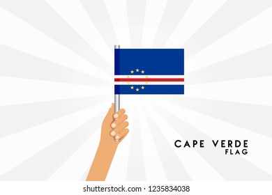Vector cartoon illustration of human hands hold Cape Verde flag. Isolated object on white background.