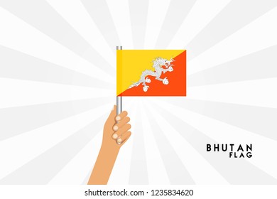 Vector cartoon illustration of human hands hold Bhutan flag. Isolated object on white background.