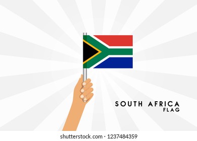 Vector cartoon illustration of human hands hold South Africa flag. Isolated object on white background.