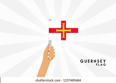 Vector cartoon illustration of human hands hold Guernsey flag. Isolated object on white background.