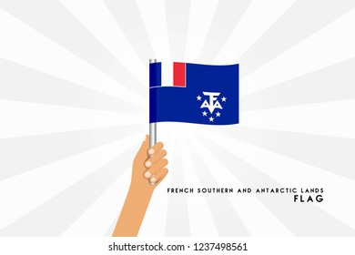 Vector cartoon illustration of human hands hold french southern and antartic lands flag. Isolated object on white background.