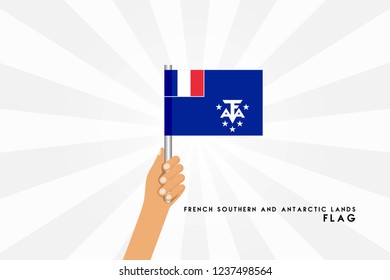 Vector cartoon illustration of human hands hold french southern and antartic lands flag. Isolated object on white background.