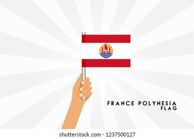 Vector cartoon illustration of human hands hold French Polynesia flag. Isolated object on white background.