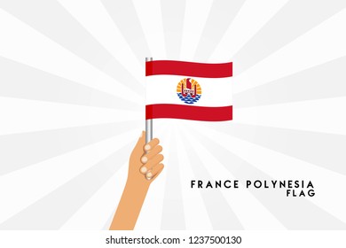 Vector cartoon illustration of human hands hold French Polynesia flag. Isolated object on white background.
