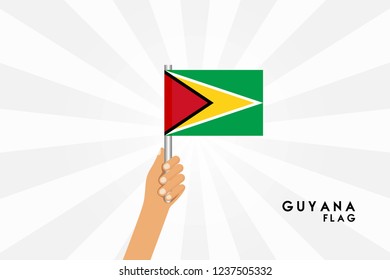 Vector cartoon illustration of human hands hold Guyana flag. Isolated object on white background.