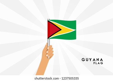 Vector cartoon illustration of human hands hold Guyana flag. Isolated object on white background.