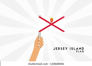 Vector cartoon illustration of human hands hold Jersey Channel İslands flag. Isolated object on white background.