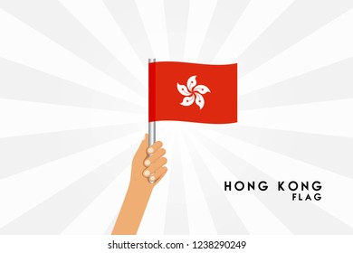 Vector cartoon illustration of human hands hold Hong Kong flag. Isolated object on white background.