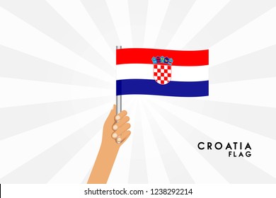 Vector cartoon illustration of human hands hold Croatia flag. Isolated object on white background.