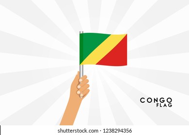 Vector cartoon illustration of human hands hold Congo flag. Isolated object on white background.