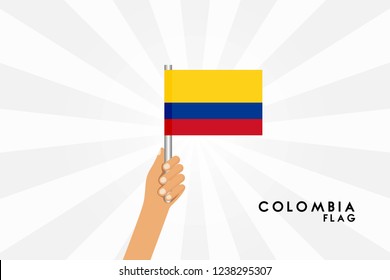 Vector cartoon illustration of human hands hold Colombia flag. Isolated object on white background.