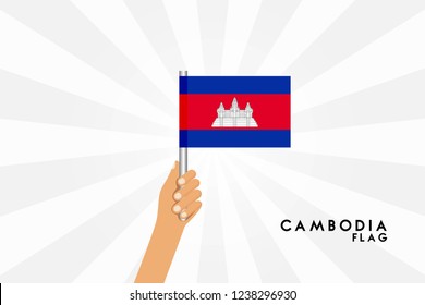 Vector cartoon illustration of human hands hold Cambodia flag. Isolated object on white background.