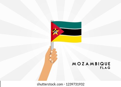 Vector cartoon illustration of human hands hold mozambique flag. Isolated object on white background.